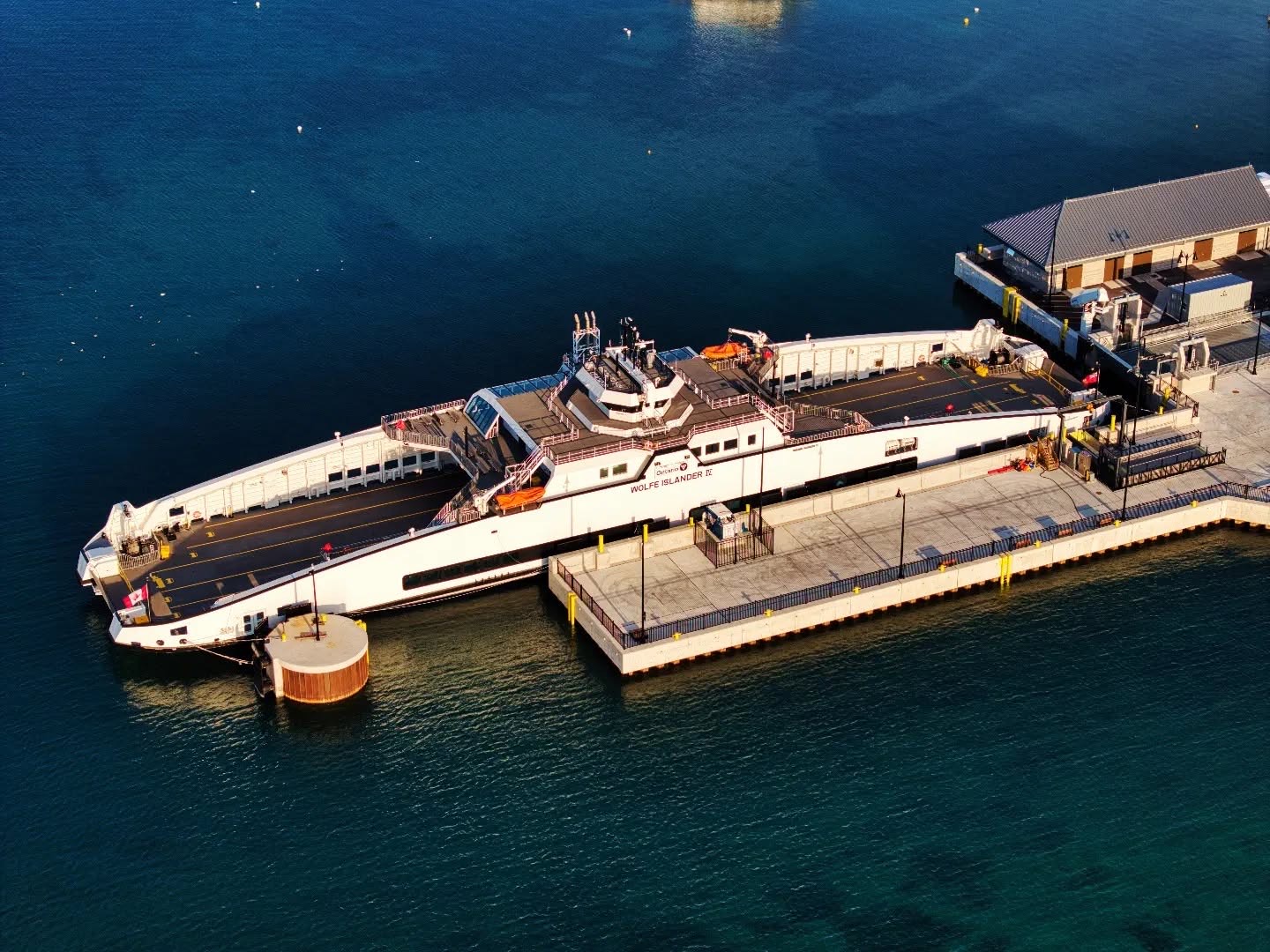 The Wolfe Islander ferry docked, seen from above.